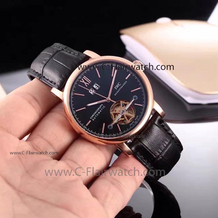 Copy IWC Schaffhausen Tourbillon Black Face Watch Rose Gold New